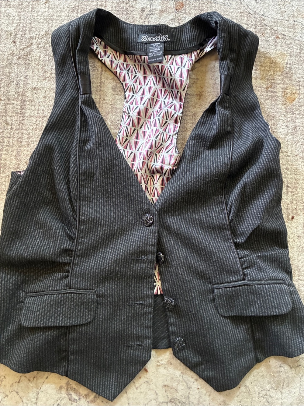 Stooshy 90s Black Pinstripe Vest with Pink Geometric Lining M/L